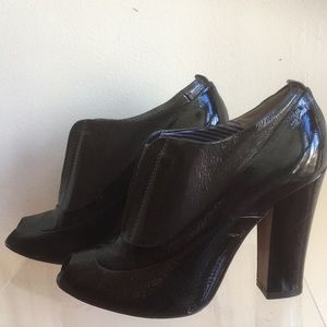 Moschino black patent leather peep-toe booties. Size 38 1/2. Leather soles. EUC